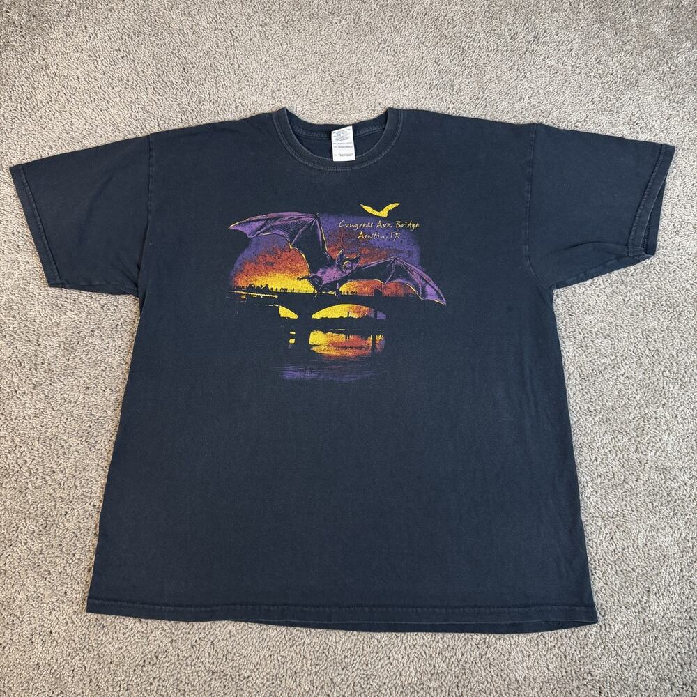 Gildan Shirt Mens XL Black Austin Bat Graphic Crew Neck Cotton Heavyweight